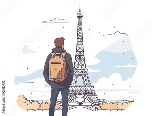 white background, Man exploring the Eiffel Tower in Paris, France, very simple and isolate in the style of animated illustrations, white background