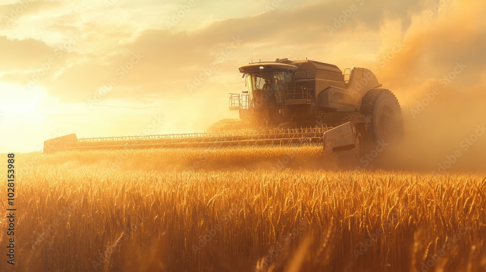 Fototapeta premium A combine wheat harvester working in a golden wheat field at sunset.