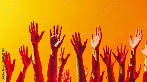 Vibrant Hands Raised Against Bold Background