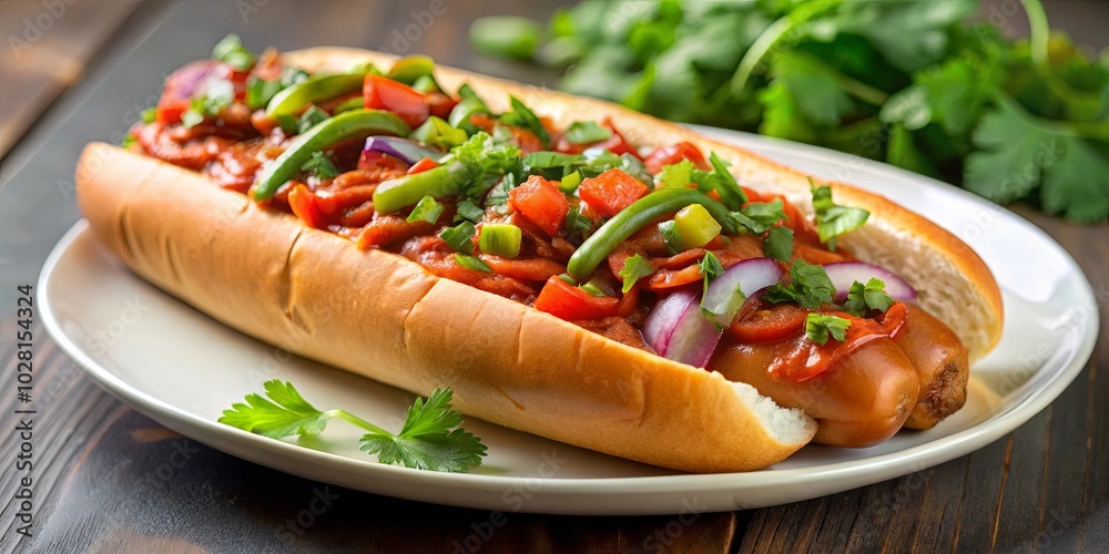 Aromatic Sausage Hot Dog Topped with Savory Chili, Vibrant Red and Green Peppers, Chopped Onions, and Fresh Parsley, Served on a Crusty Bun, Set Against a Rustic Wood Grain Background Aromatic Sausage Hot Dog Topped with Savory Chili, Vibrant Red and Green Peppers, Chopped Onions, and Fresh Parsley, Served on a Crusty Bun, Set Against a Rustic Wood Grain Background