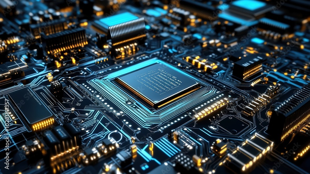 A close-up view of a modern processor, showcasing its intricate circuit design and fine details. The processor is displayed in high-definition, emphasizing its metallic surface, tiny pins, and sleek A close-up view of a modern processor, showcasing its intricate circuit design and fine details. The processor is displayed in high-definition, emphasizing its metallic surface, tiny pins, and sleek