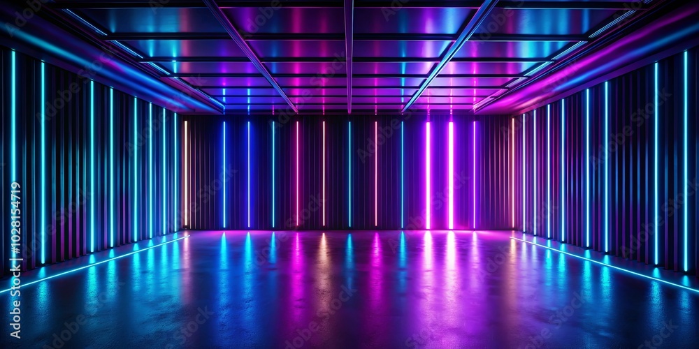 Abstract Futuristic Neon Light Installation with Reflective Floor