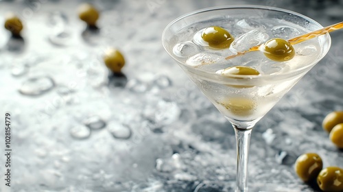 Martini cocktail with green olives on marble table background Copy space : Generative AI photo