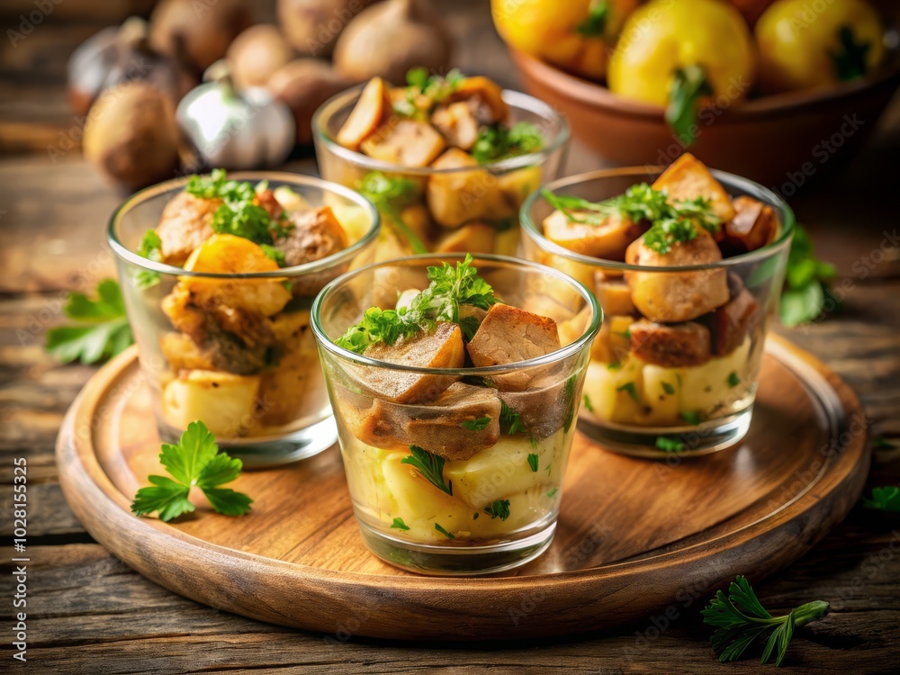 Long Exposure of a Light Snack with Potatoes, Mushrooms, Chicken Meat, and Fresh Herbs in Transparent Serving Cups for Culinary Photography Long Exposure of a Light Snack with Potatoes, Mushrooms, Chicken Meat, and Fresh Herbs in Transparent Serving Cups for Culinary Photography