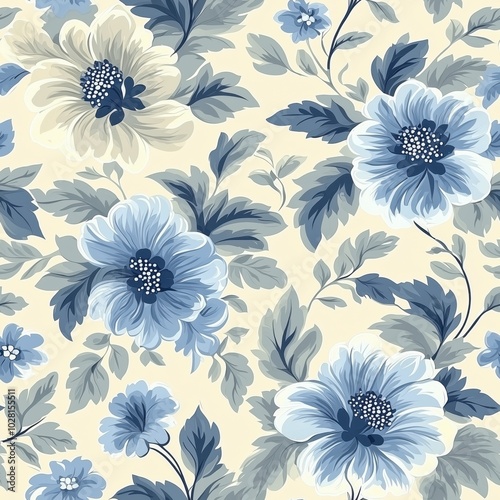 Vintage Floral Pattern with Blue and Beige Flowers on a Light Background, Elegant Decorative Design