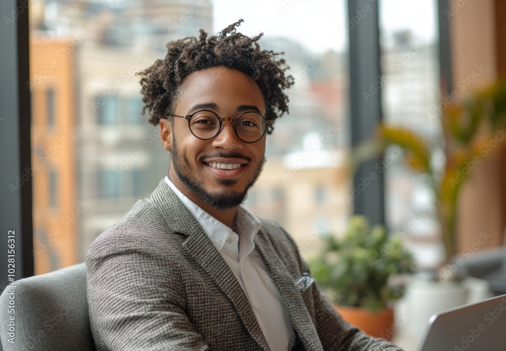 Fototapeta premium Smiling professional in a business-casual setting.