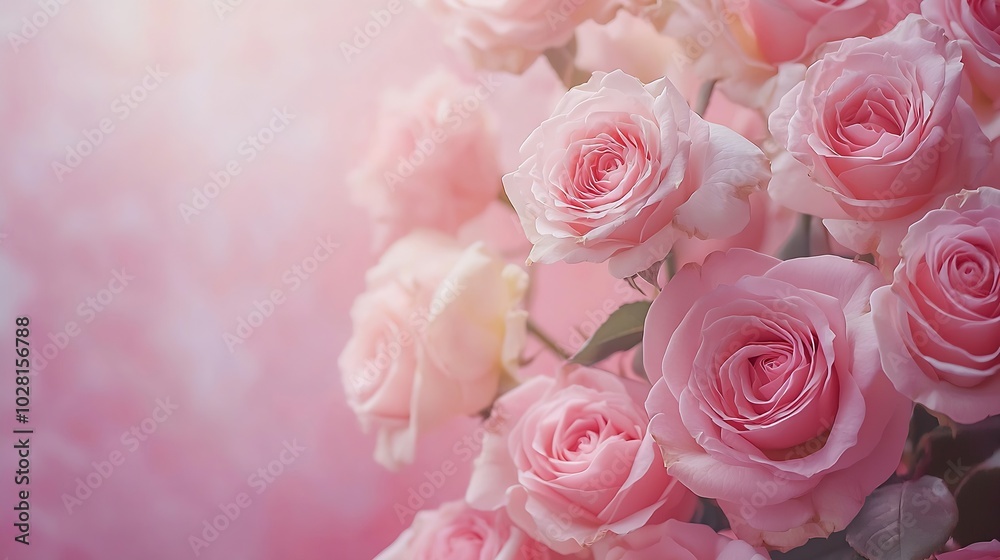 Rose flowers in pink pastel background Copy space Top view : Generative AI Rose flowers in pink pastel background Copy space Top view : Generative AI