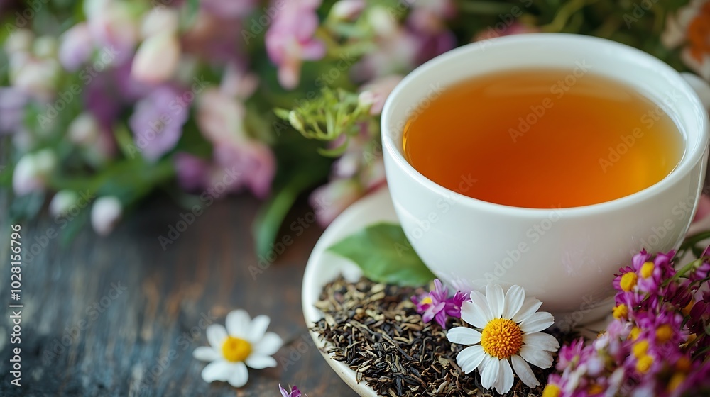 Herbal green tea in white cup with dry tea and fresh flowers Copy space : Generative AI Herbal green tea in white cup with dry tea and fresh flowers Copy space : Generative AI
