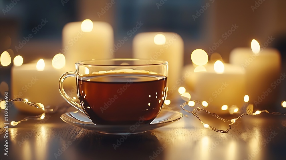 Black tea in glass cup with candles and light garland Grey background Close up : Generative AI Black tea in glass cup with candles and light garland Grey background Close up : Generative AI