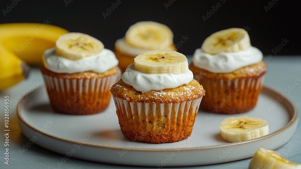Healthy vegan oat muffins apple and banana cakes with sour cream on a white plate Blue background : Generative AI Healthy vegan oat muffins apple and banana cakes with sour cream on a white plate Blue background : Generative AI