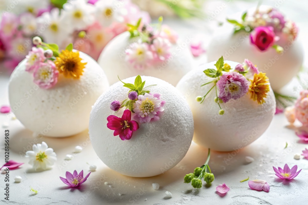 Luxurious Bath Bombs with Flowers on Light Background - Mineral Cosmetics for a Relaxing Shower Experience Luxurious Bath Bombs with Flowers on Light Background - Mineral Cosmetics for a Relaxing Shower Experience