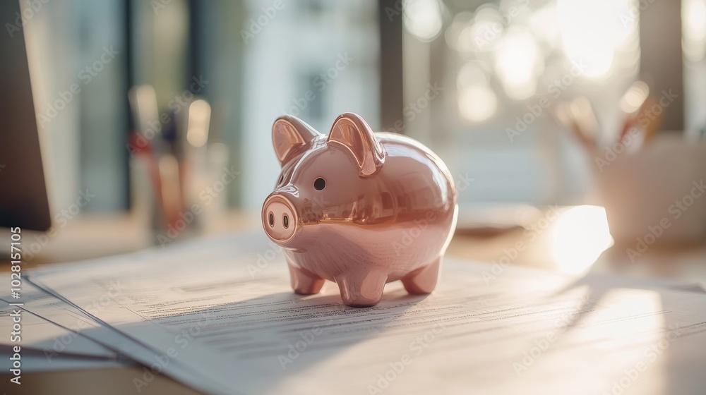 Financial Planning Concept with Shiny Pink Piggy Bank on Bank Statement in Daylight Financial Planning Concept with Shiny Pink Piggy Bank on Bank Statement in Daylight