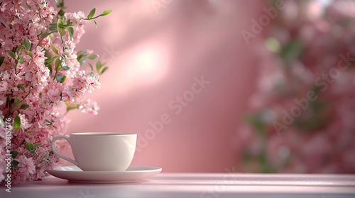 Cup of tea with fresh flowers on pink background Copy space : Generative AI