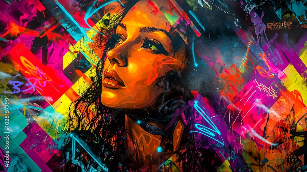 Fototapeta premium Abstract Colorful Street Art Graffiti Mural with Woman Portrait