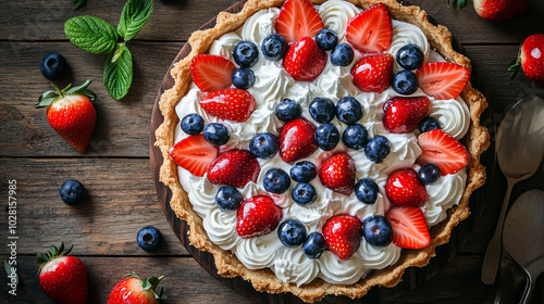 Fresh Berry Tart with Creamy Whipped Topping on Rustic Wooden Table. A beautiful berry tart topped with strawberries and blueberries, surrounded by mint leaves