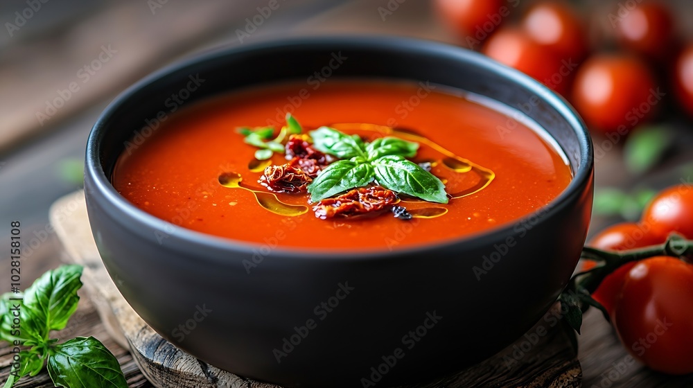Tomato soup with sun dried tomatoes on a wooden background : Generative AI