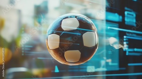 Dynamic digital concept of a soccer ball with a web browser interface flying over it. This modern and abstract design symbolizes the fusion of sports and technology, perfect for illustrating online 