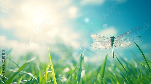 Dragonfly on a grass on a blue sky summer background : Generative AI photo