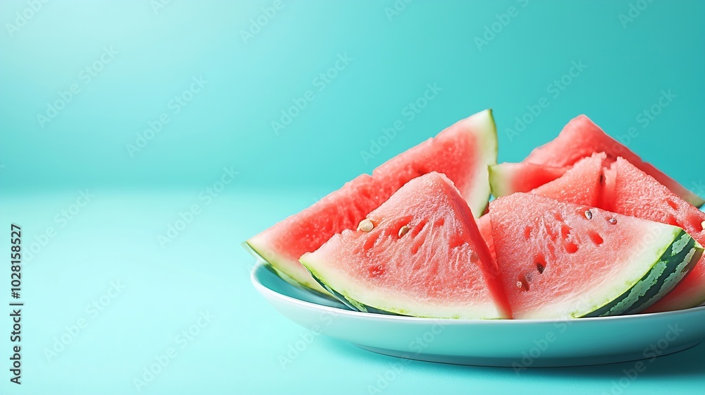 Watermelon slices on a white plate Blue background Top view Copy space : Generative AI Watermelon slices on a white plate Blue background Top view Copy space : Generative AI