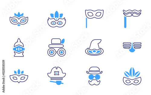 Costume party icon set. Bold line style. Duotone colors. Editable stroke. mask, carnival mask, eye mask, moustache, jester, pirate hat, jester hat, bow tie