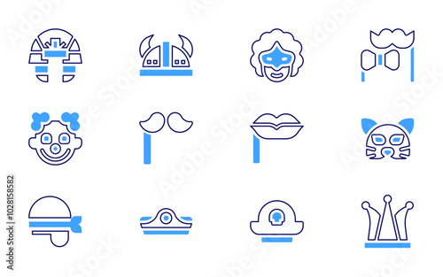 Costume party icon set. Bold line style. Duotone colors. Editable stroke. pharaoh, viking, costume, party mask, party hat, rabbit mask, cleopatra, carnival mask