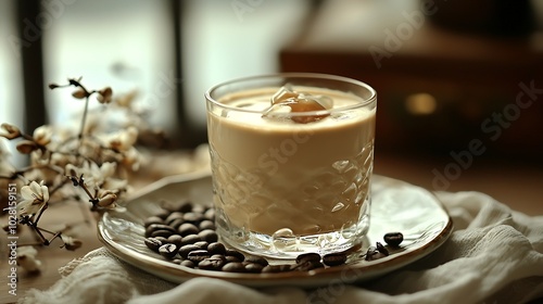 Ice coffee with condensed milk traditional Vietnamese Thai coffee with coffee beans on a white plate background : Generative AI photo