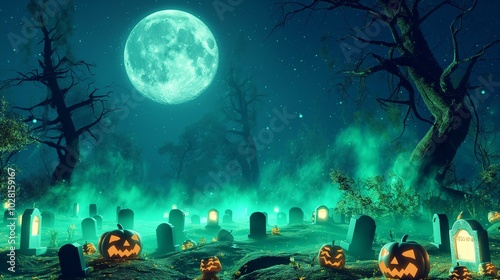 A spooky graveyard scene with glowing green mist rising from the ground, twisted trees silhouetted against a full moon, and glowing jack-o-lanterns scattered among the tombstones. photo