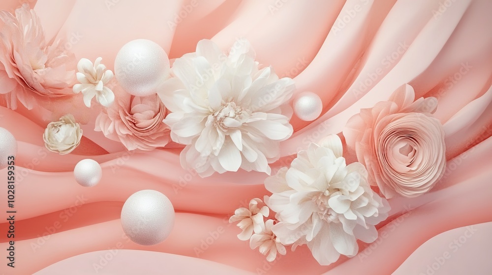 Elegant floral arrangement featuring delicate white and pink flowers against a pastel pink gradient background. The soft and serene composition highlights the natural beauty of the flowers, Elegant floral arrangement featuring delicate white and pink flowers against a pastel pink gradient background. The soft and serene composition highlights the natural beauty of the flowers,