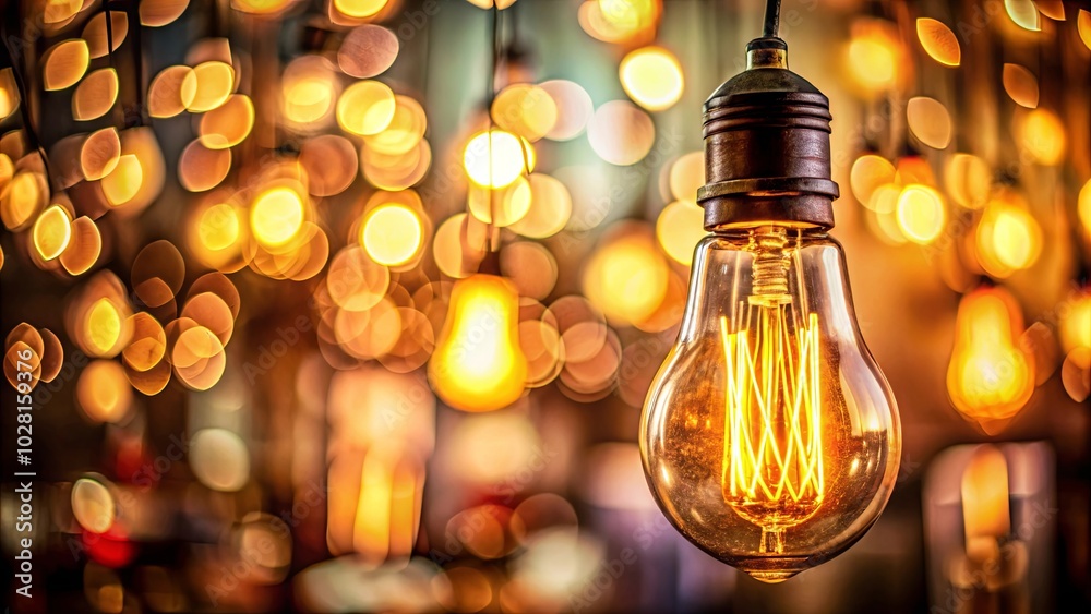 A single incandescent light bulb glows brightly against a background of soft, warm, out-of-focus lights. A single incandescent light bulb glows brightly against a background of soft, warm, out-of-focus lights.