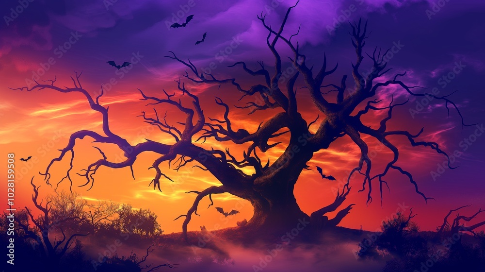 A spooky dead tree silhouette with sharp, twisted branches, set against a glowing purple and orange sky, with bats flying in the distance and mist rolling through the foreground. A spooky dead tree silhouette with sharp, twisted branches, set against a glowing purple and orange sky, with bats flying in the distance and mist rolling through the foreground.