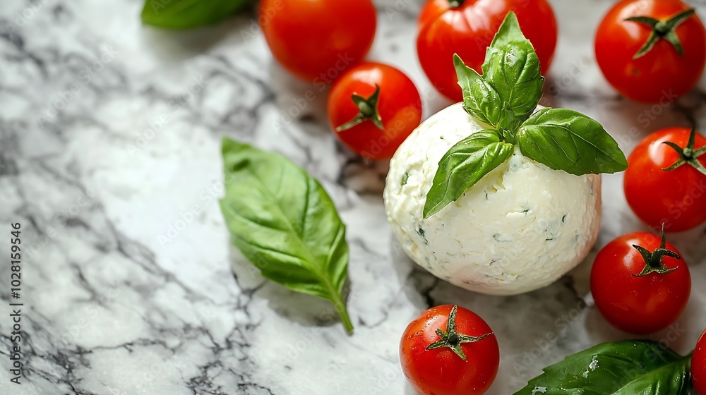 Mozzarella cheese ball with cherry tomatoes and basil leaves Marble background Copy space Top view : Generative AI Mozzarella cheese ball with cherry tomatoes and basil leaves Marble background Copy space Top view : Generative AI
