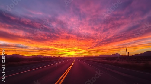 A Straight Road Leading Towards a Dramatic Sunset