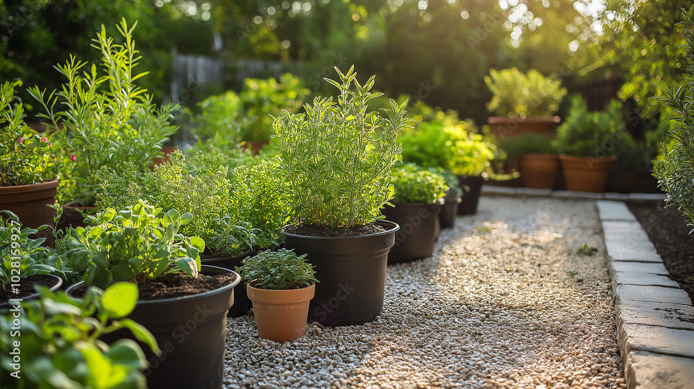 Peaceful herb garden tending, aromatic plants Peaceful herb garden tending, aromatic plants