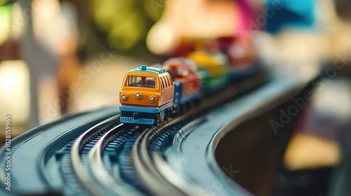 Colorful toy train on a track, moving through a playful miniature world. The toy train set features bright, vibrant colors and a detailed track layout, perfect for children’s imagination and playtime.