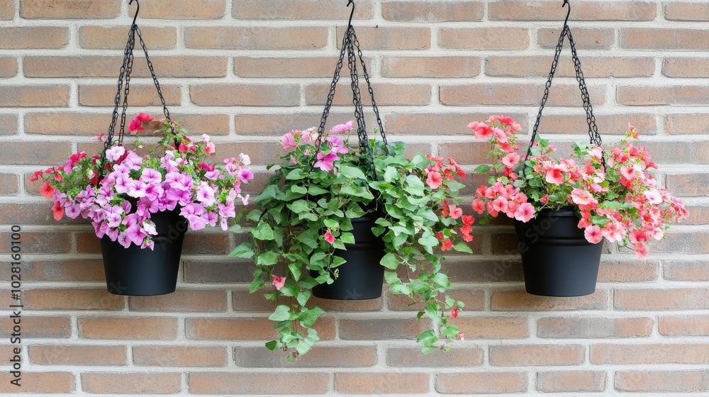 Vibrant Hanging Flower Pots Against Brick Wall Vibrant Hanging Flower Pots Against Brick Wall