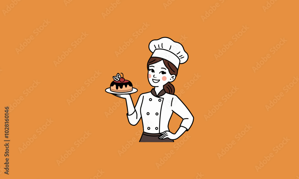 Smiling female chef holding a dessert on a plate. Smiling female chef holding a dessert on a plate.