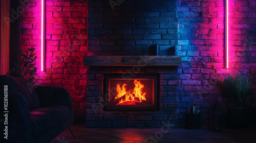 Dark room with a wooden fireplace a fire burns. Cozy Neon Lit Fireplace Against Exposed Brick Wall Ambiance. The scene creates a cozy atmosphere perfect for relaxation and comfort in a modern style