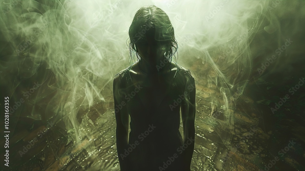 Fototapeta premium Mysterious Figure in Fog: A Dreamlike Silhouette