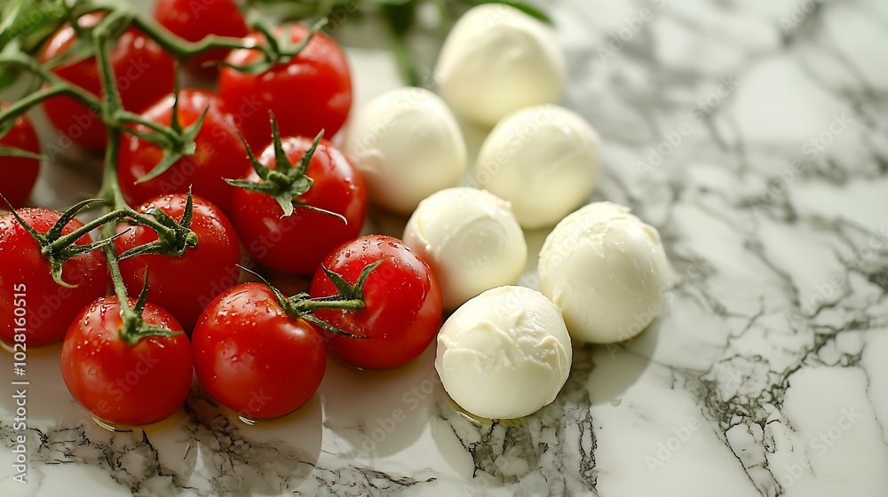 Fresh mozzarella cheese with cherry tomatoes on cutting board Marble background Copy space Top view : Generative AI Fresh mozzarella cheese with cherry tomatoes on cutting board Marble background Copy space Top view : Generative AI