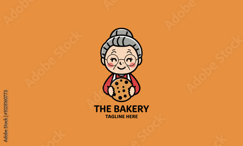 Grandmother holding a cookie, bakery logo design.