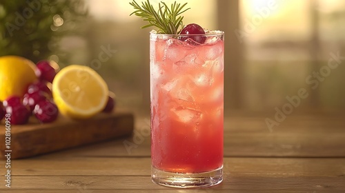 Cranberry and rosemary lemonade cocktail fizz on a wooden background : Generative AI