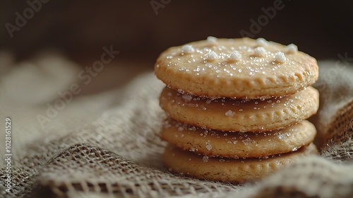Caramel florentine cookies with cane sugar pieces on a textile and wooden background : Generative AI