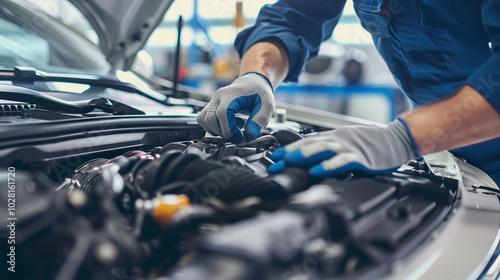Close-up of mechanic’s hands repairing a car engine in an auto workshop