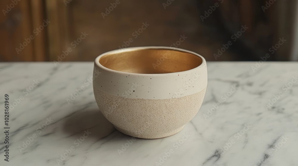 Elegant Ceramic Bowl with Gold Interior on Marble Surface Elegant Ceramic Bowl with Gold Interior on Marble Surface