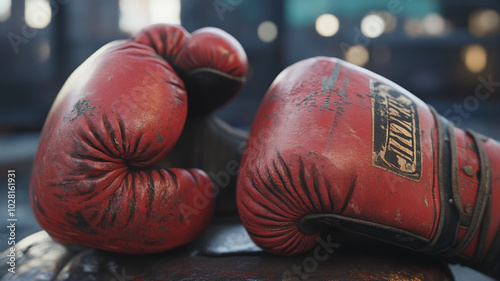 Boxing gloves resting on a training bag in a gym during Boxing Day workout sessions photo