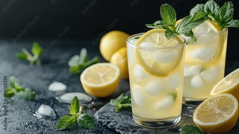 Fototapeta premium Lemonade lemon mint cocktail in glasses and jug Grey background : Generative AI