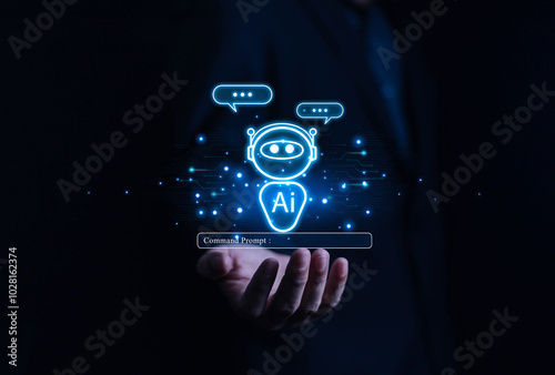 Businessman chatting with AI or artificial intelligence technology. A man uses a laptop computer to chat with an intelligent AI.