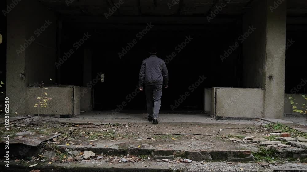 view from the back, guy goes inside an abandoned building and disappears into the darkness. a frightening atmosphere of anxiety. view from the back, guy goes inside an abandoned building and disappears into the darkness. a frightening atmosphere of anxiety.