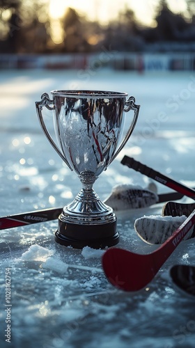 Silver Trophy Cup on Ice Rink - Hockey Championship Victory. photo