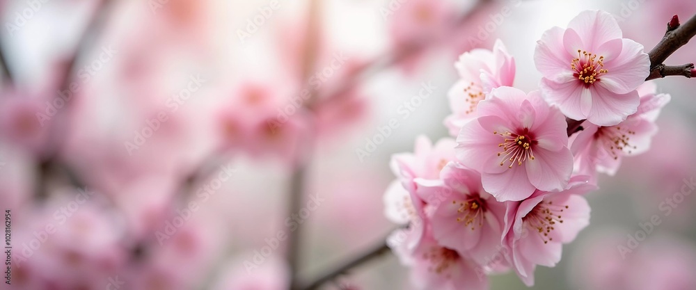 Naklejka premium Sakura is blooming. Delicate pink cherry blossoms bloom beautifully on a tree branch during the spring season, filling the scene with vibrant colors and a sense of renewal in nature. Generative AI